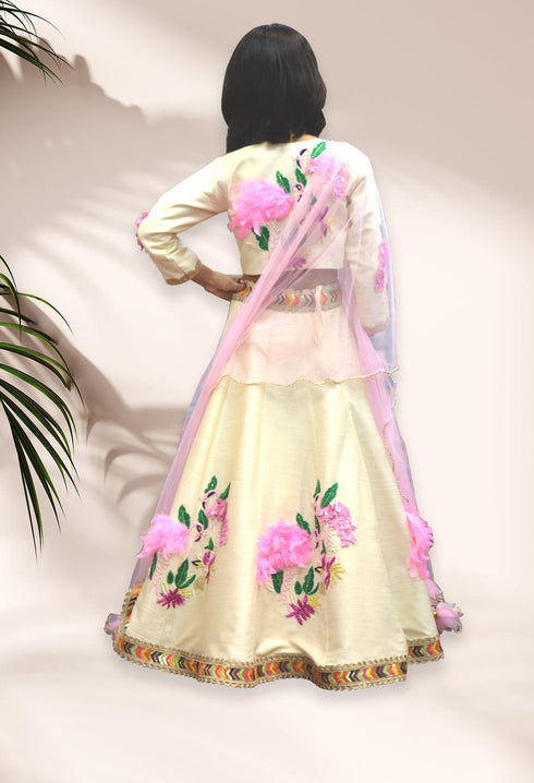 Off White Flamingo Lehenga
